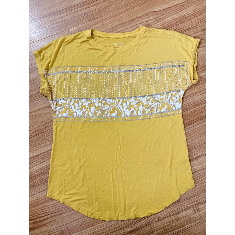 Apt 9 Yellow Top Short Sleeve Knit Floral Sequin Stripe Pullover Women's Size S
